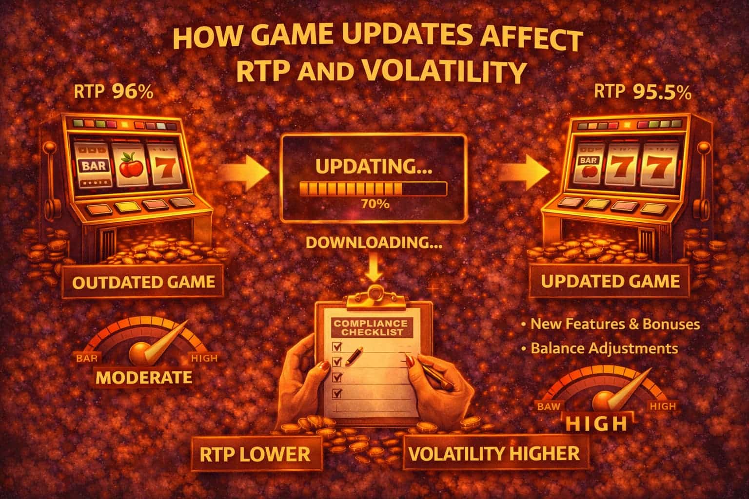 infographic showing how game updates affect rtp and volatility